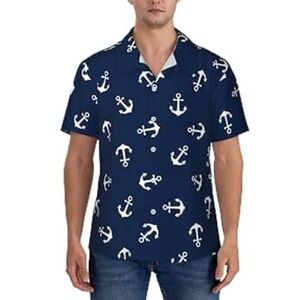 Navy Blue short sleeve button-down shirt with anchor print size Large Cotton
